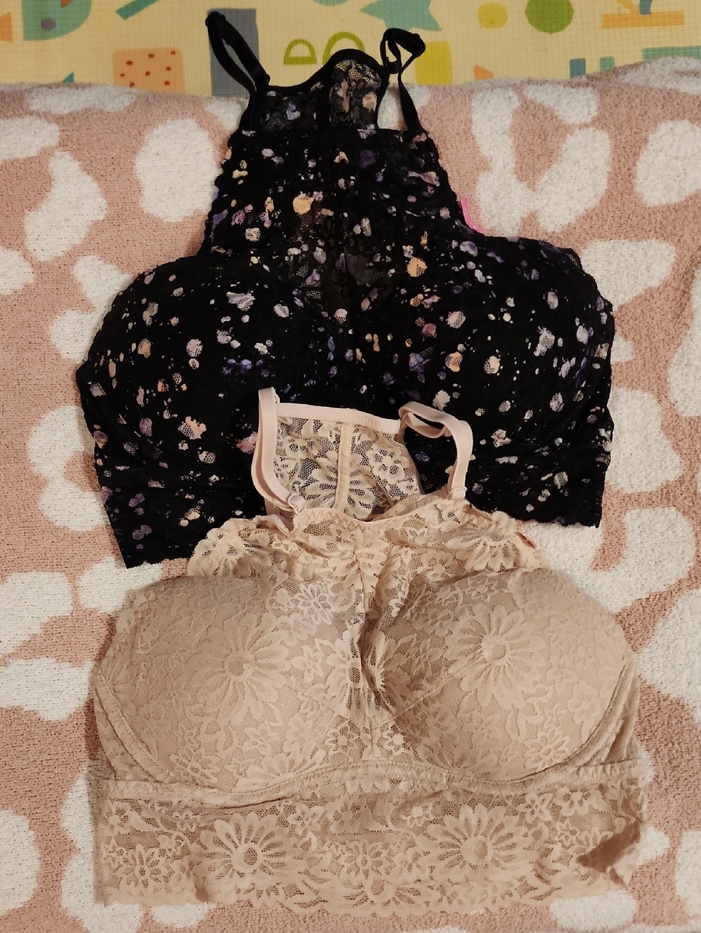 PINK Victoria's Secret Black Floral Lace & Beige Lace Bralettes Size Small